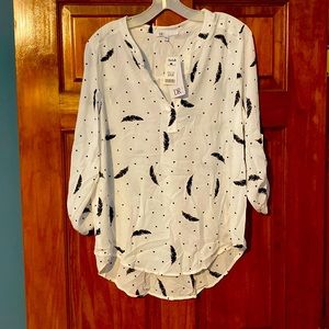 White with black feather tunic top